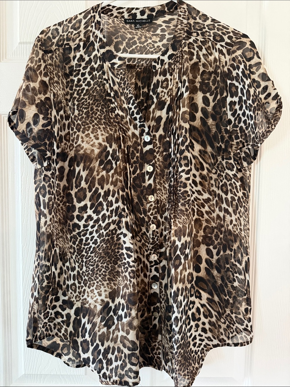 Sara Michelle Leopard-Print Button Front Blouse - Brown/Black/Cream